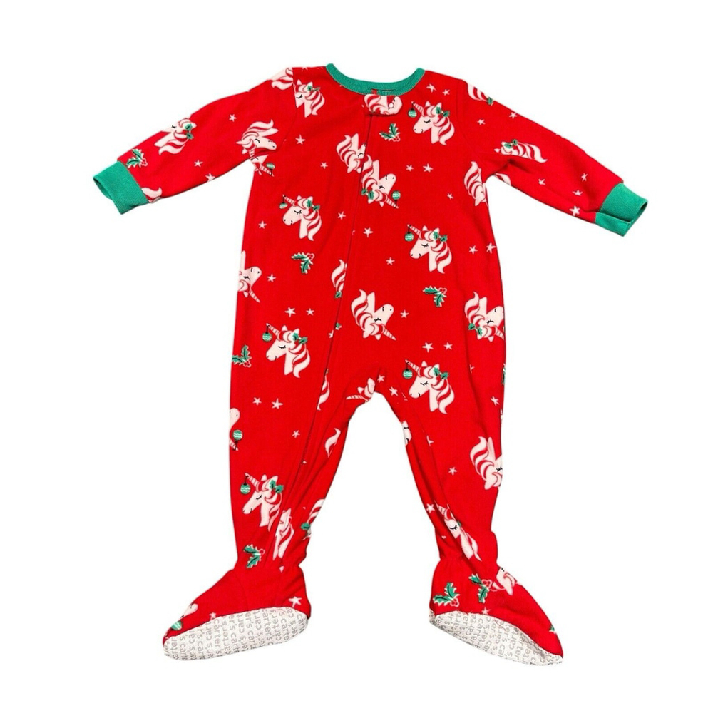 Carters Baby Girl 12M 1-Piece Red Green Christmas Unicorn Fleece Footie PJs NWOT